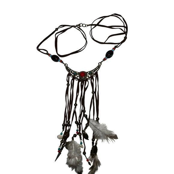 Iris Apfel & Bajalia Feather Dangle Bib Necklace Boho Indian Hippie Statement - Picture 1 of 7